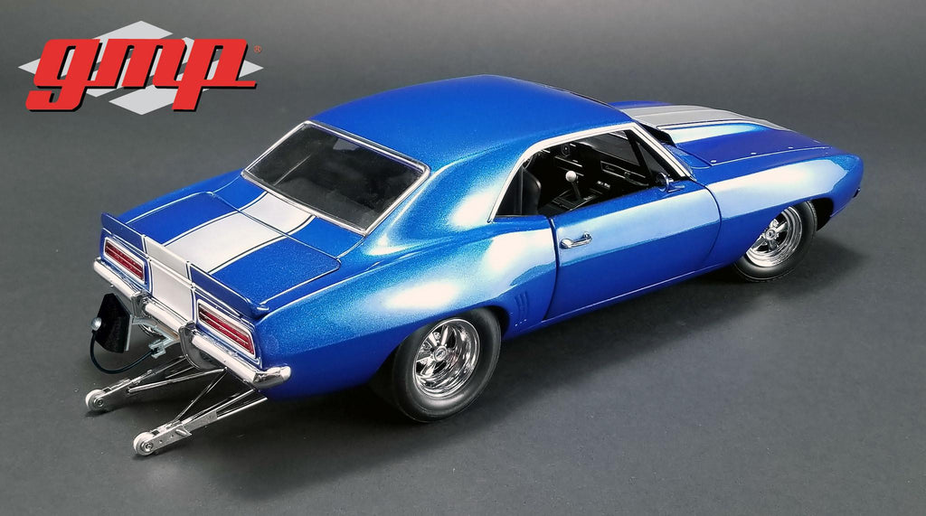 1969 Chevrolet Camaro 1320 Drag Kings Metallic Blue with White Stripe Limited Edition 1/18 Diecast Model Car by GMP