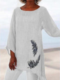 Ladies Crew Neck Feather Print Long Sleeve Blouse