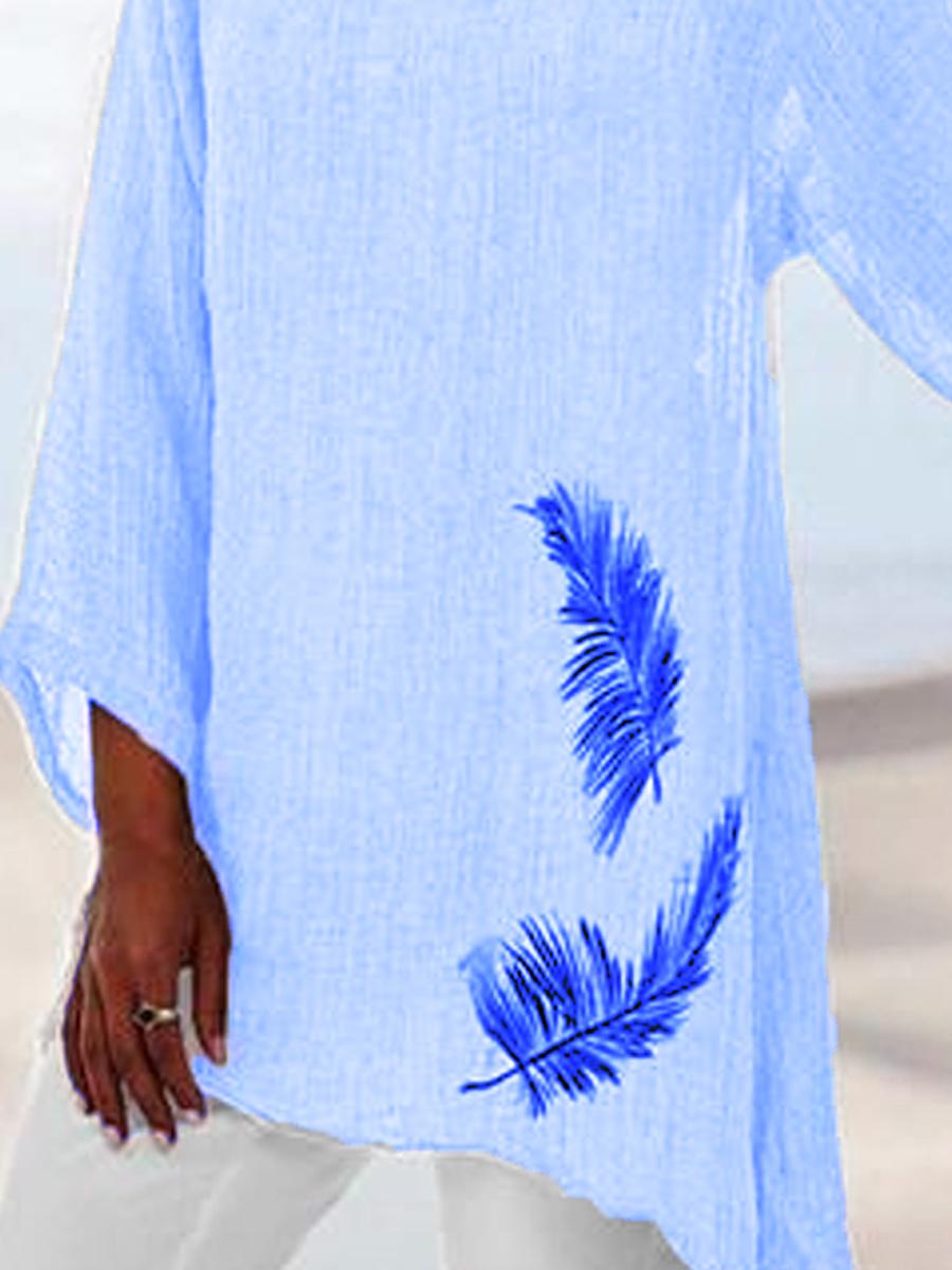 Ladies Crew Neck Feather Print Long Sleeve Blouse