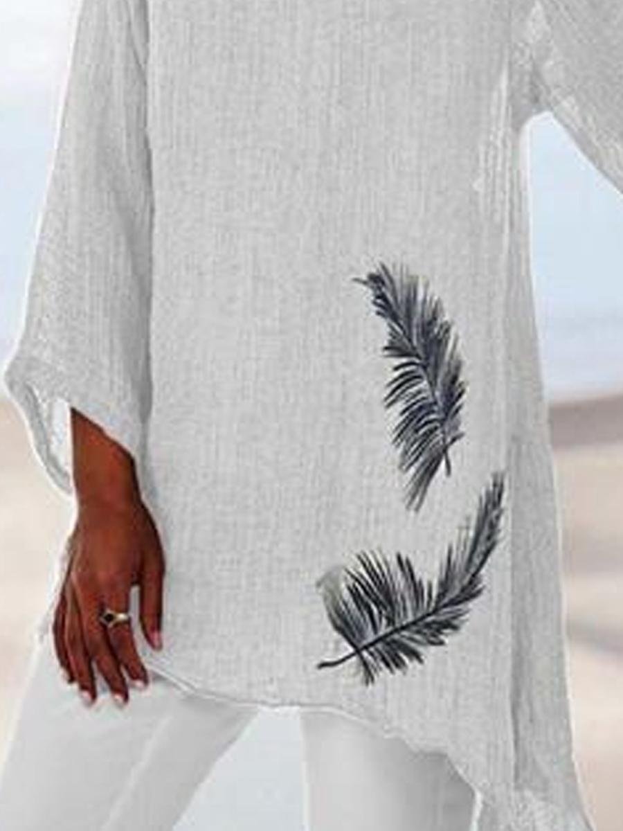 Ladies Crew Neck Feather Print Long Sleeve Blouse