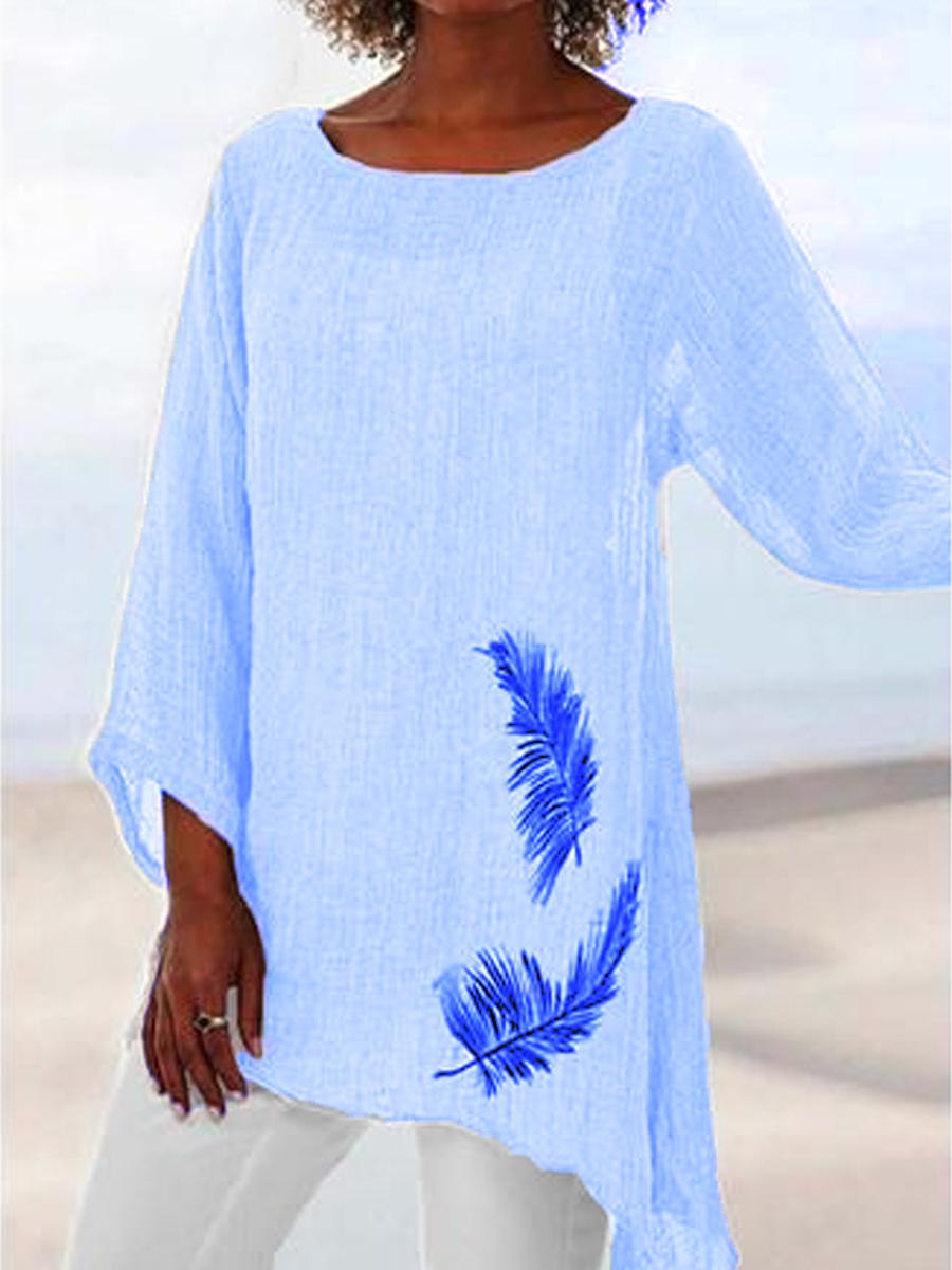 Ladies Crew Neck Feather Print Long Sleeve Blouse