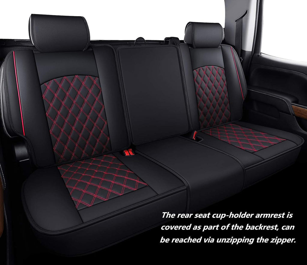 Aierxuan Seat Covers for Cars Full Set Chevy Silverado GMC Sierra Trail Boss Z71 Pickup 2007-2024 1500 2500HD 3500HD Crew Double Extended Cab Waterproof Leather (Full Set, Black-Red)