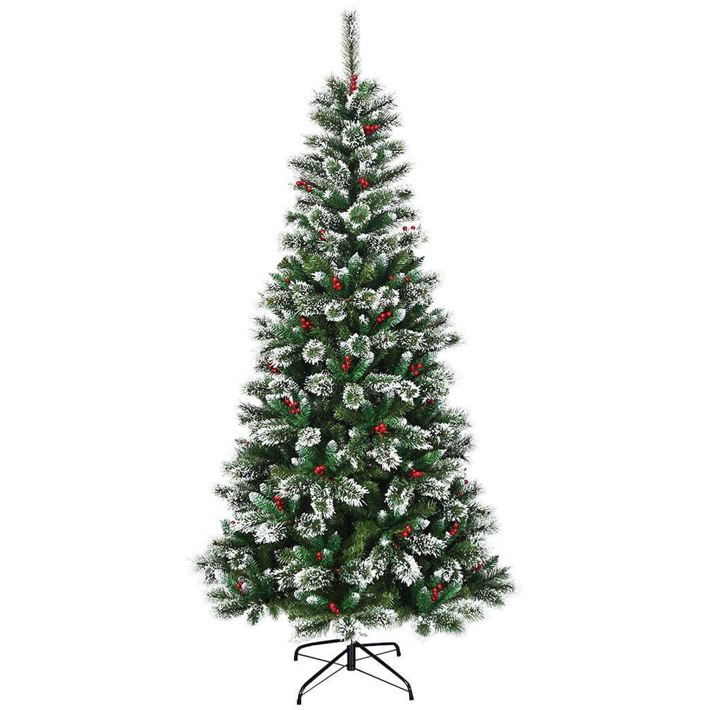 Costway 7 ft Snow Flocked Artificial Christmas Hinged Tree w/ Pine Needles &amp; Red Berries