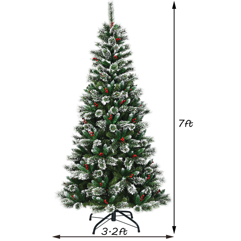 Costway 7 ft Snow Flocked Artificial Christmas Hinged Tree w/ Pine Needles &amp; Red Berries