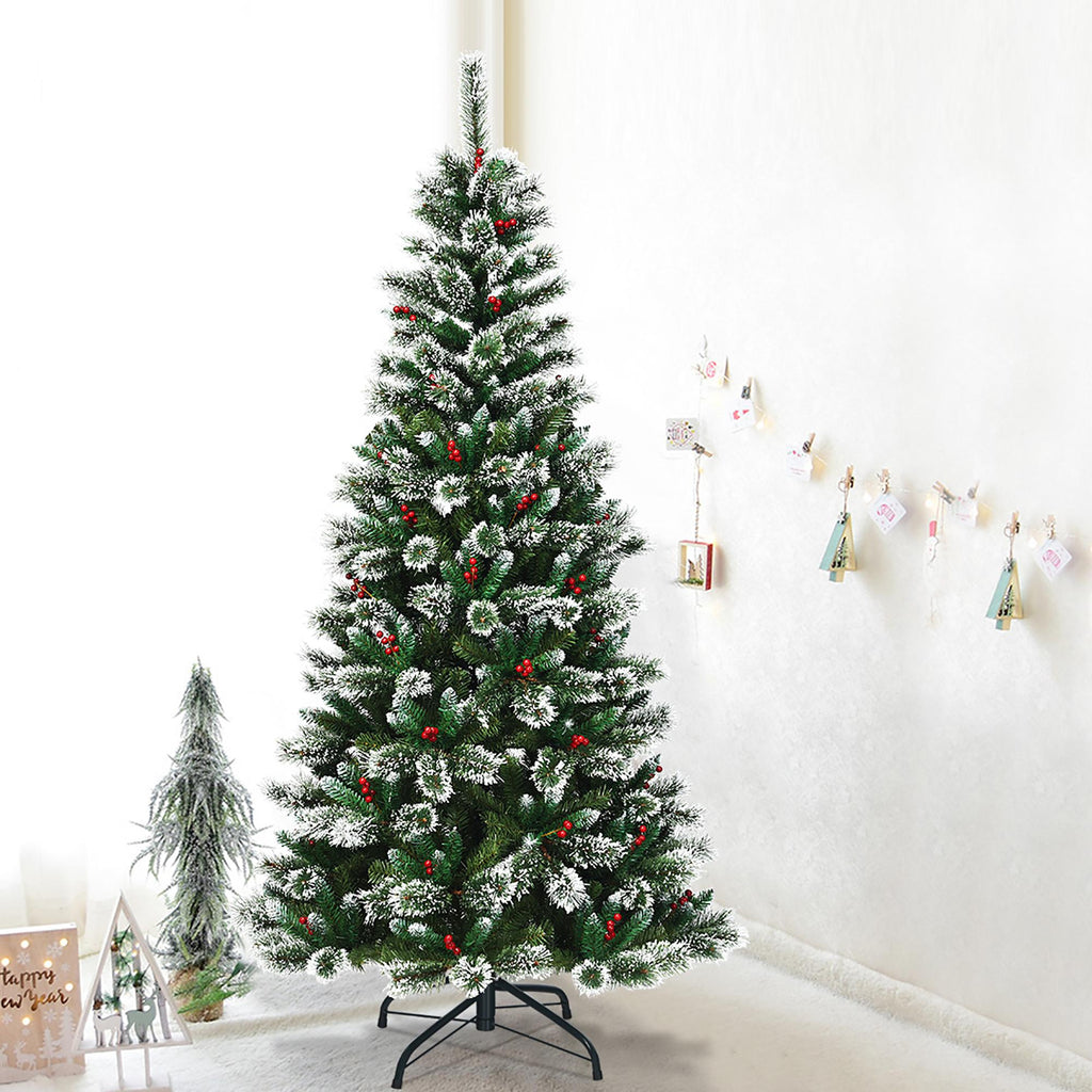 Costway 7 ft Snow Flocked Artificial Christmas Hinged Tree w/ Pine Needles &amp; Red Berries