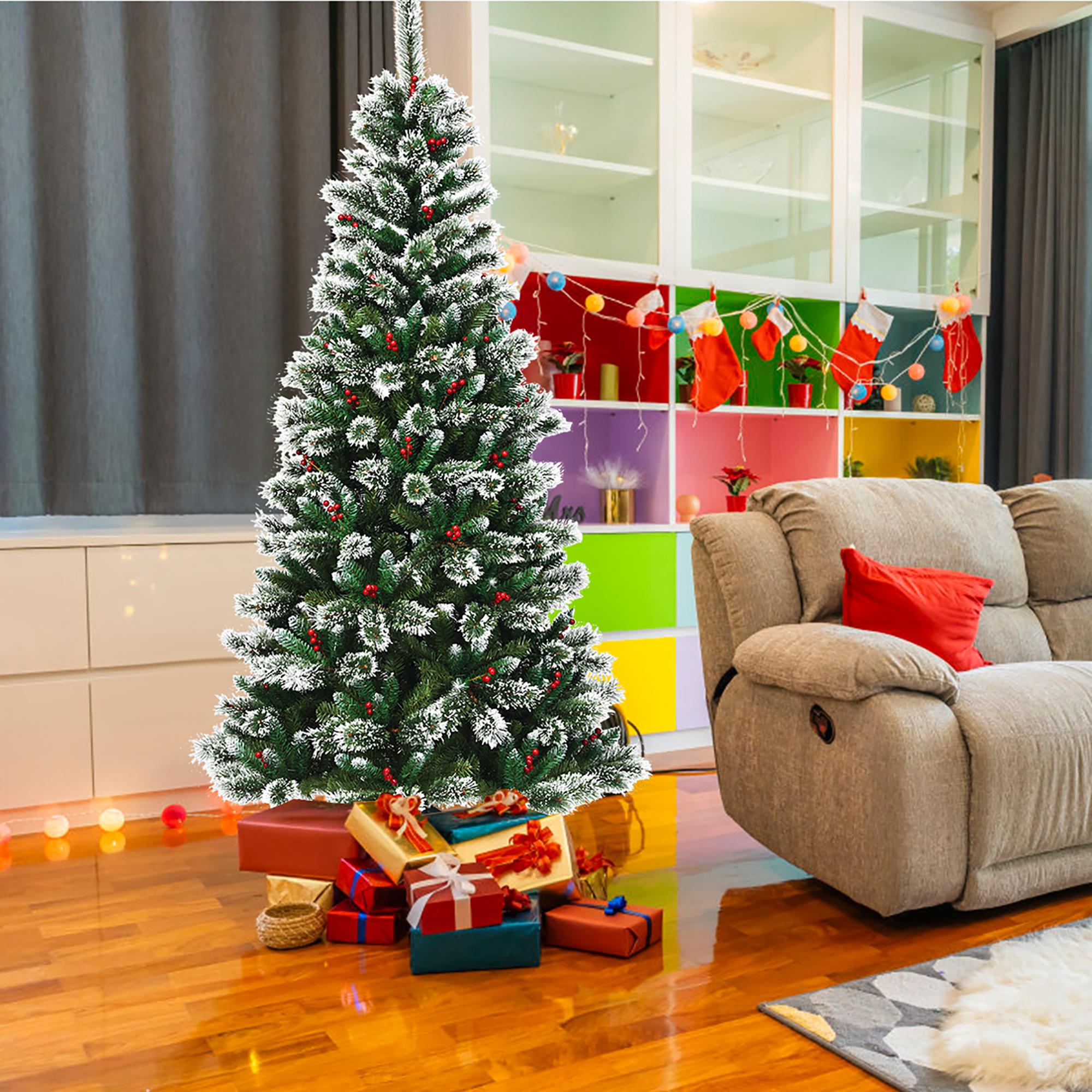 Costway 7 ft Snow Flocked Artificial Christmas Hinged Tree w/ Pine Needles &amp; Red Berries