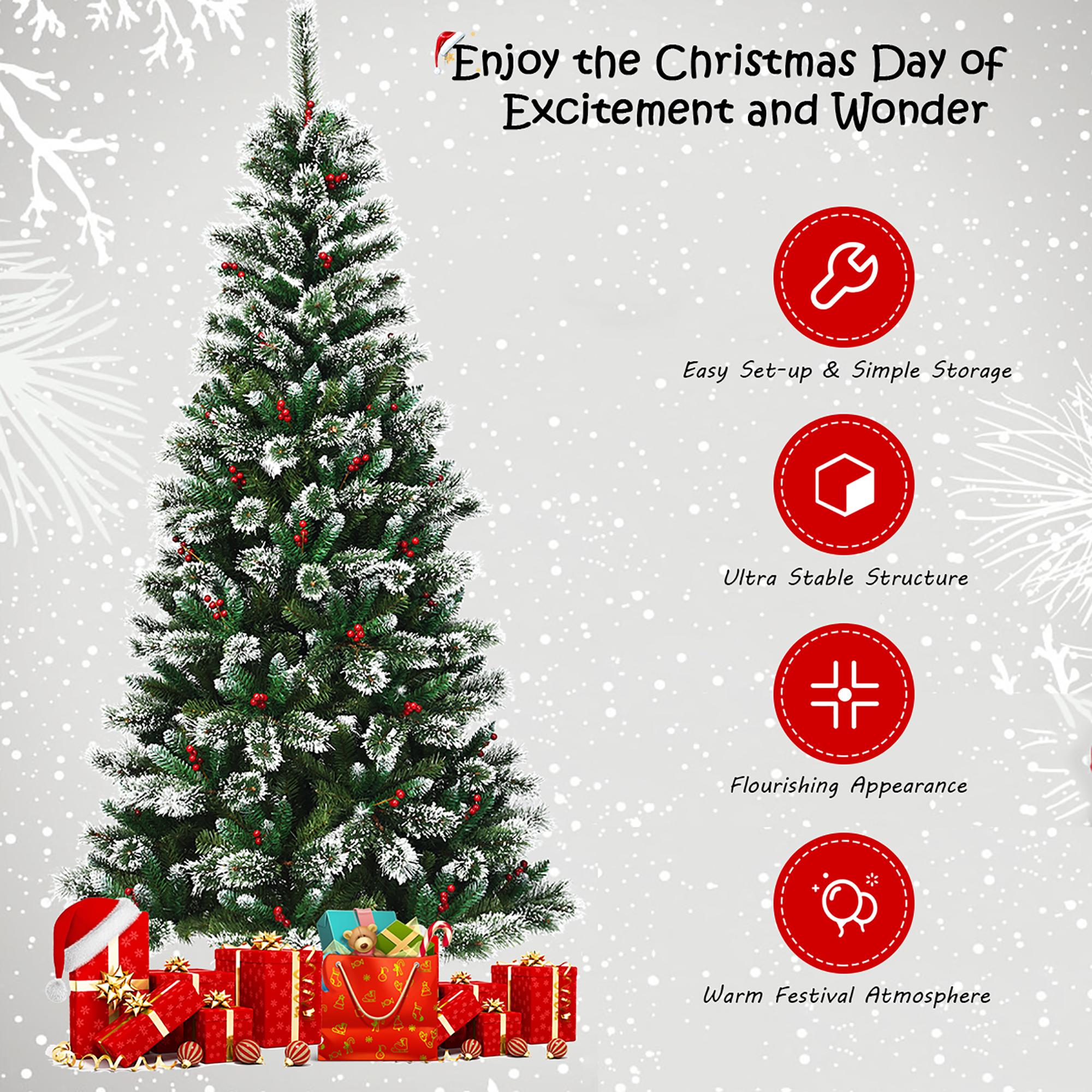 Costway 7 ft Snow Flocked Artificial Christmas Hinged Tree w/ Pine Needles &amp; Red Berries