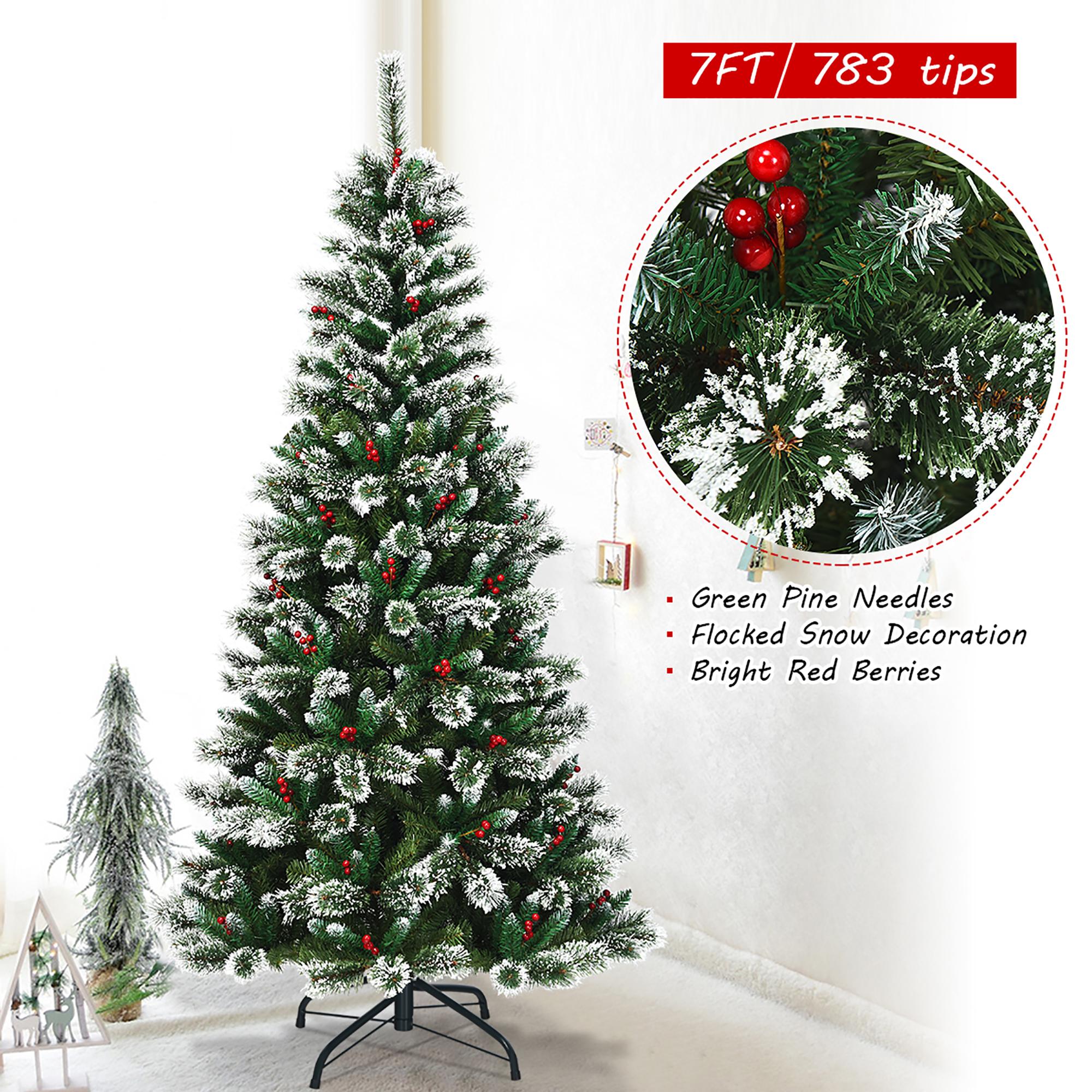 Costway 7 ft Snow Flocked Artificial Christmas Hinged Tree w/ Pine Needles &amp; Red Berries