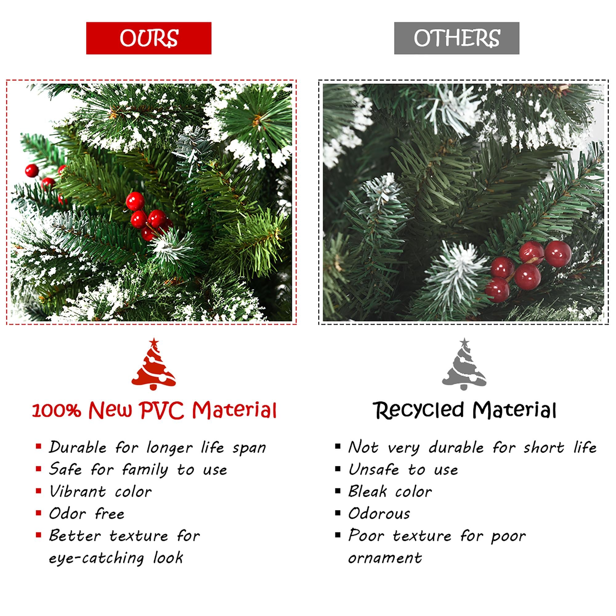 Costway 7 ft Snow Flocked Artificial Christmas Hinged Tree w/ Pine Needles &amp; Red Berries