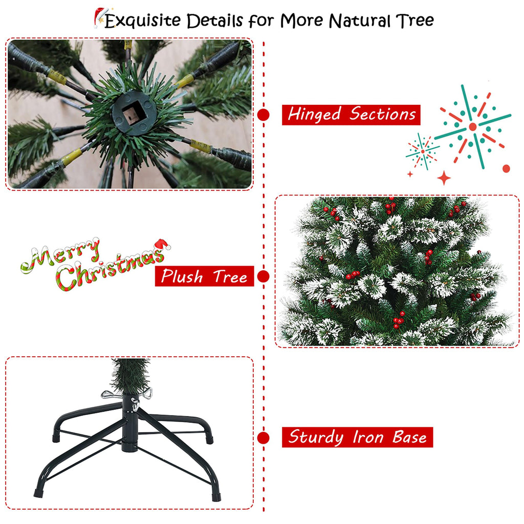 Costway 7 ft Snow Flocked Artificial Christmas Hinged Tree w/ Pine Needles &amp; Red Berries