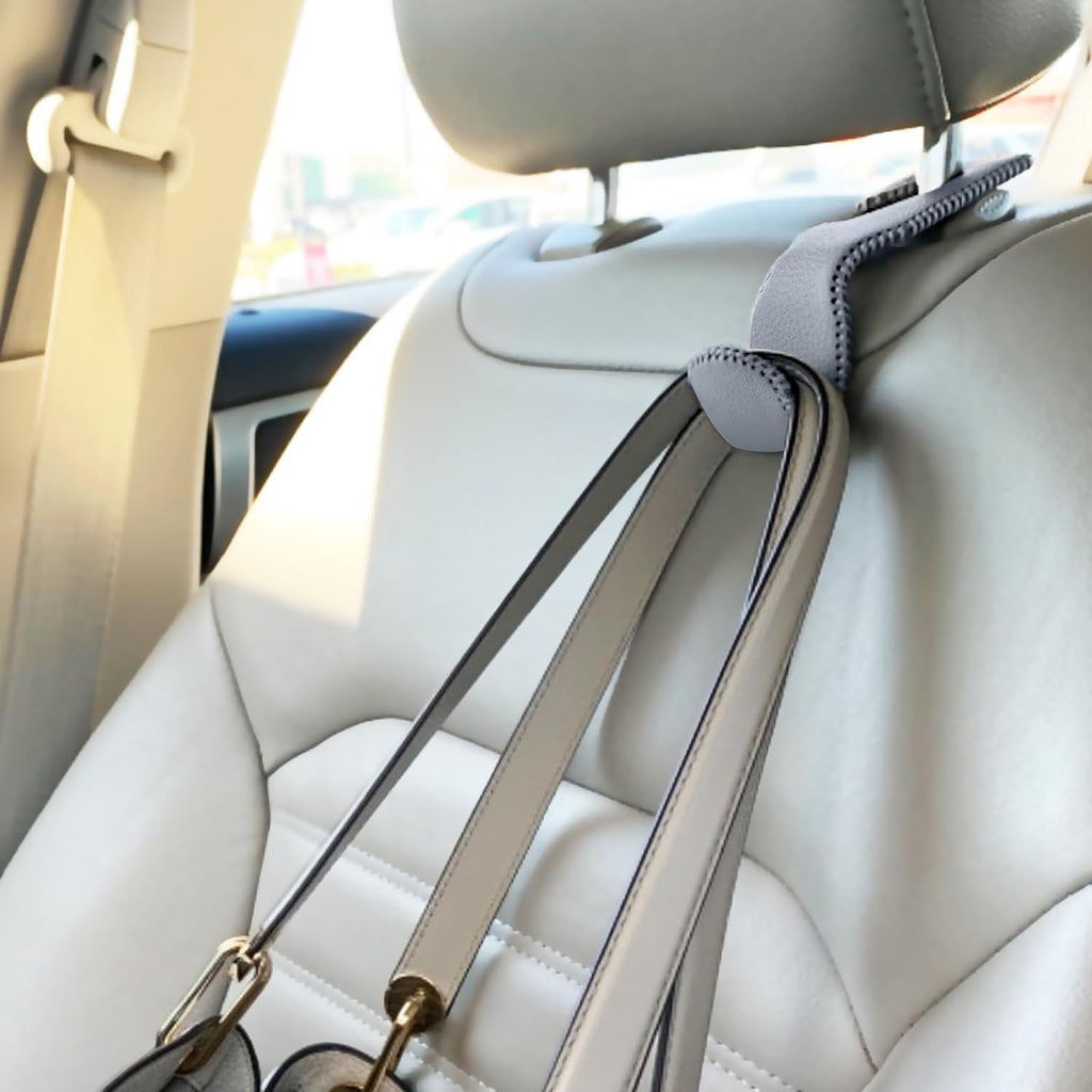 EldHus Seat Hooks for Purses and Bags, 2 Pack Car Purse Holder for Grocery Bag Handbag Clothes, Metal Headrest Hooks Covered by Leather, Grey