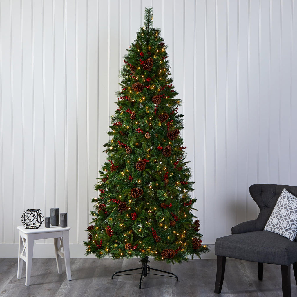 Nearly Natural 7.5' Mixed Pine Artificial Christmas Tree Prelit with 450 LED Lights, Green