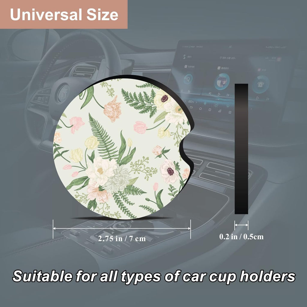Oppsviust Car Cup Holder Coaster, Car Coasters for Cup Holders, 2PCS Universal Anti Slip Car Assecories, 2.75 inch Cute Car Coasters with A Finger Notch, Rubber Car Cup Mat for Women Wen(White Peony)
