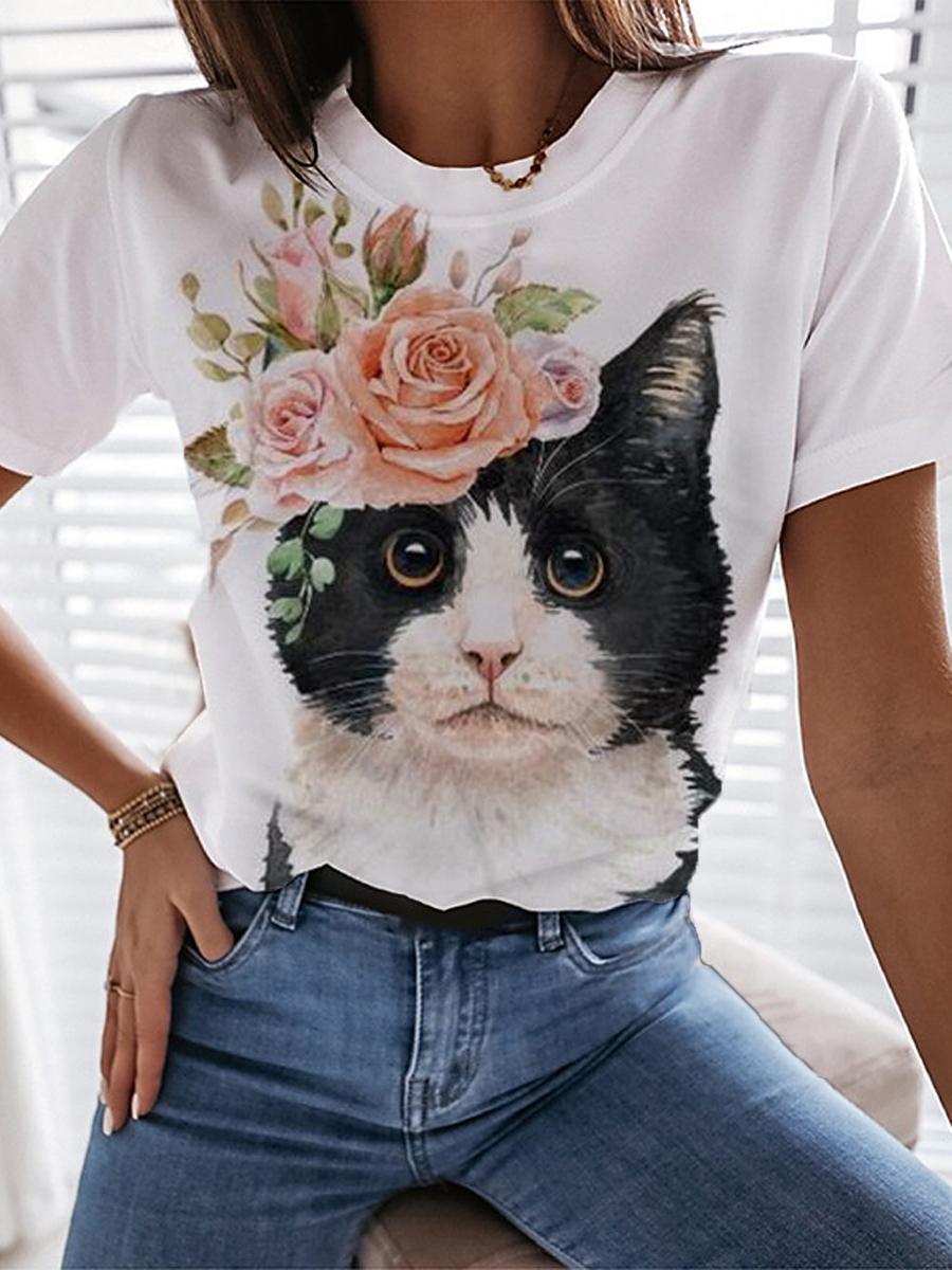 Womens Casual Fashion Floral And Cat Print T-shirt