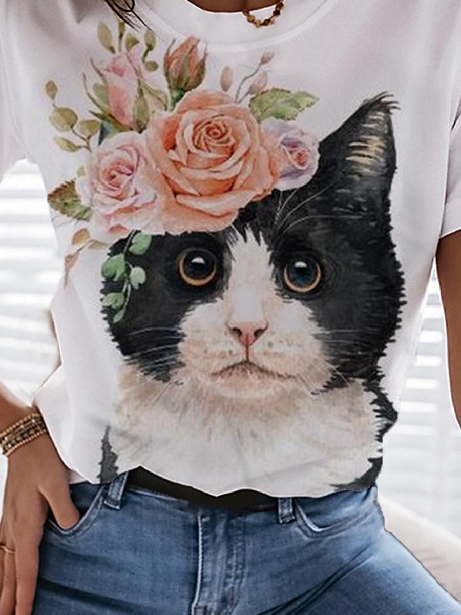 Womens Casual Fashion Floral And Cat Print T-shirt