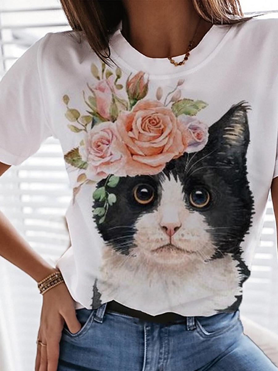 Womens Casual Fashion Floral And Cat Print T-shirt