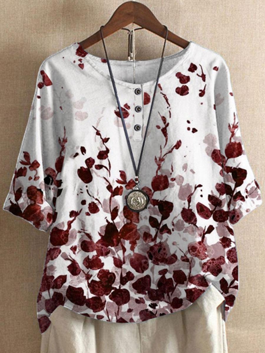 Round Neck Casual Loose Botanical Print Short Sleeve Blouse