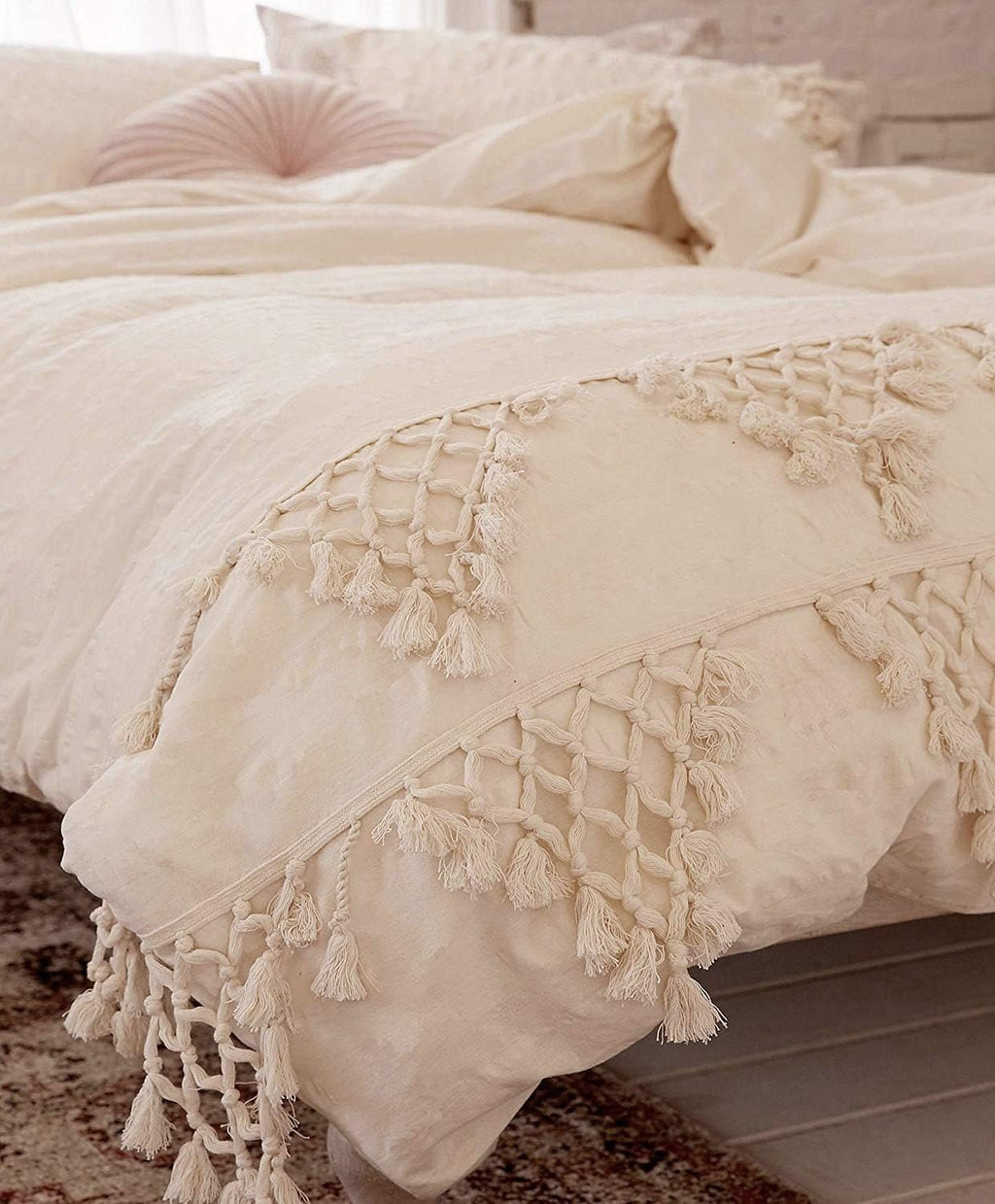 Flber Tufted Tassel Duvet Cover Lattice Boho Bedding,Full Queen, 86inx90in