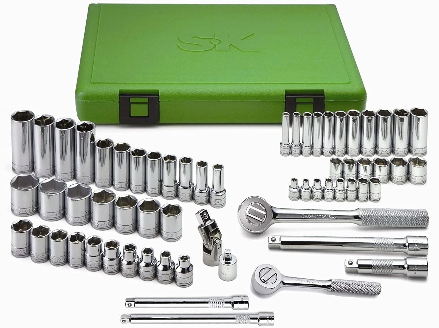SK Hand Tool 94562 Drive Standard Deep Metric Socket Set in Chrome Finish – 3/8-Inch, 62-Piece Corrosion Resistant Instrument Kit for Mechanical Work. Metal Hardware Tools