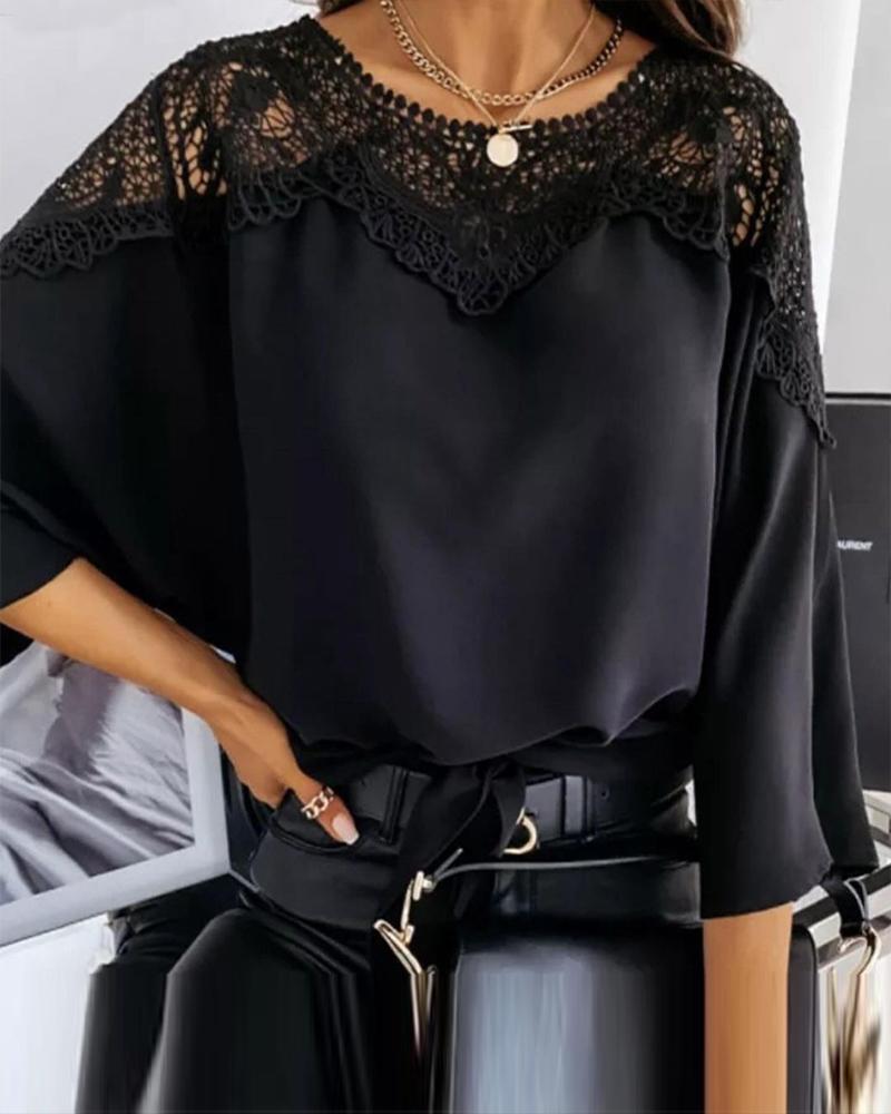 Solid Color Contrast Lace Blouse