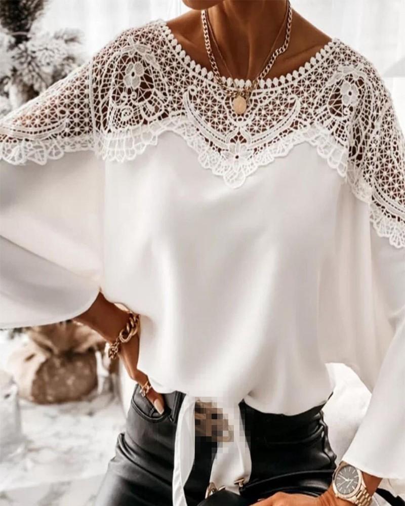 Solid Color Contrast Lace Blouse