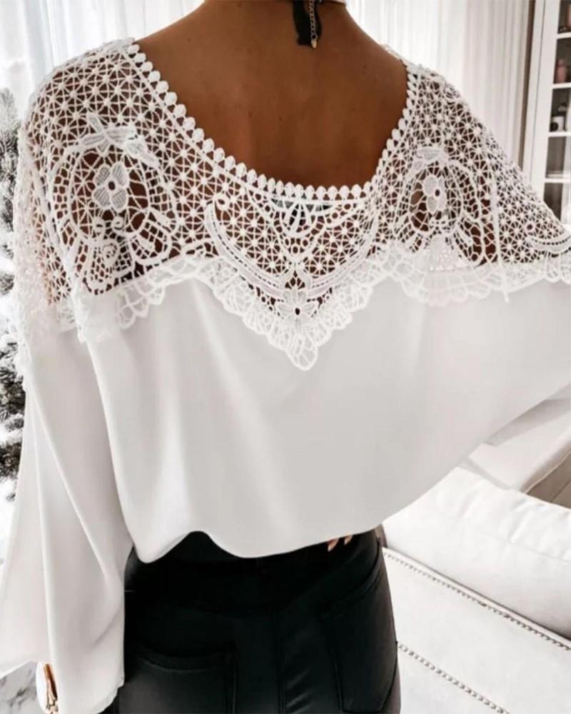 Solid Color Contrast Lace Blouse