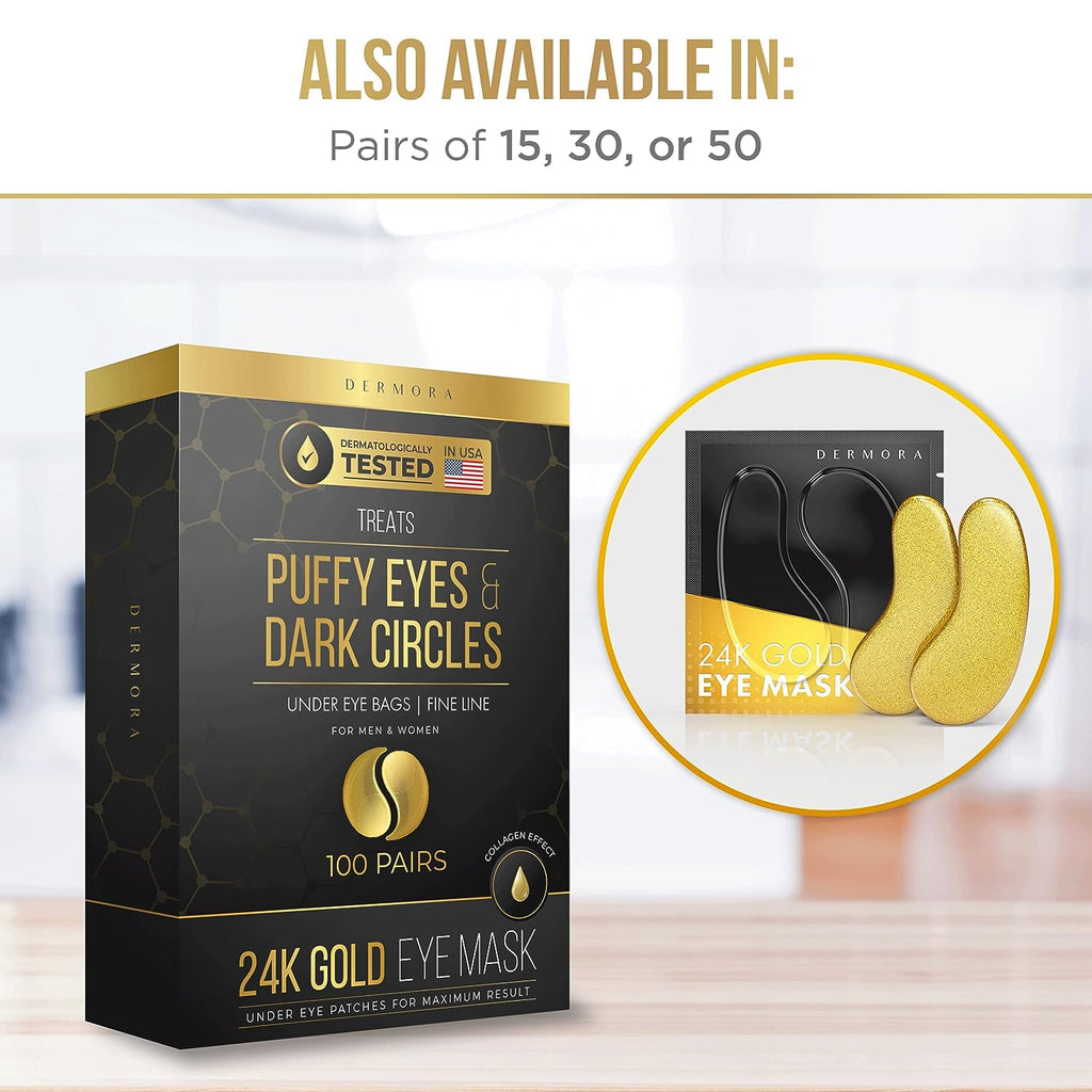 DERMORA Skin Treatment Mask 24K Gold Eye Mask - Rejuvenating Treatment for Dark Cirlce,Puffiness,Refresh,Revitalizing,Wrinkles - 30 Pairs Eye Gels