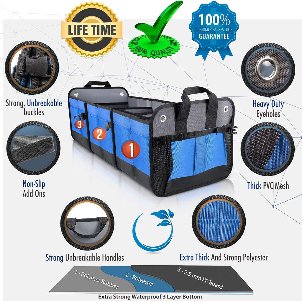 Starling's Car Trunk Organizer - Durable Storage SUV Cargo Organizer Adjustable (Blue, 3 Compartments)