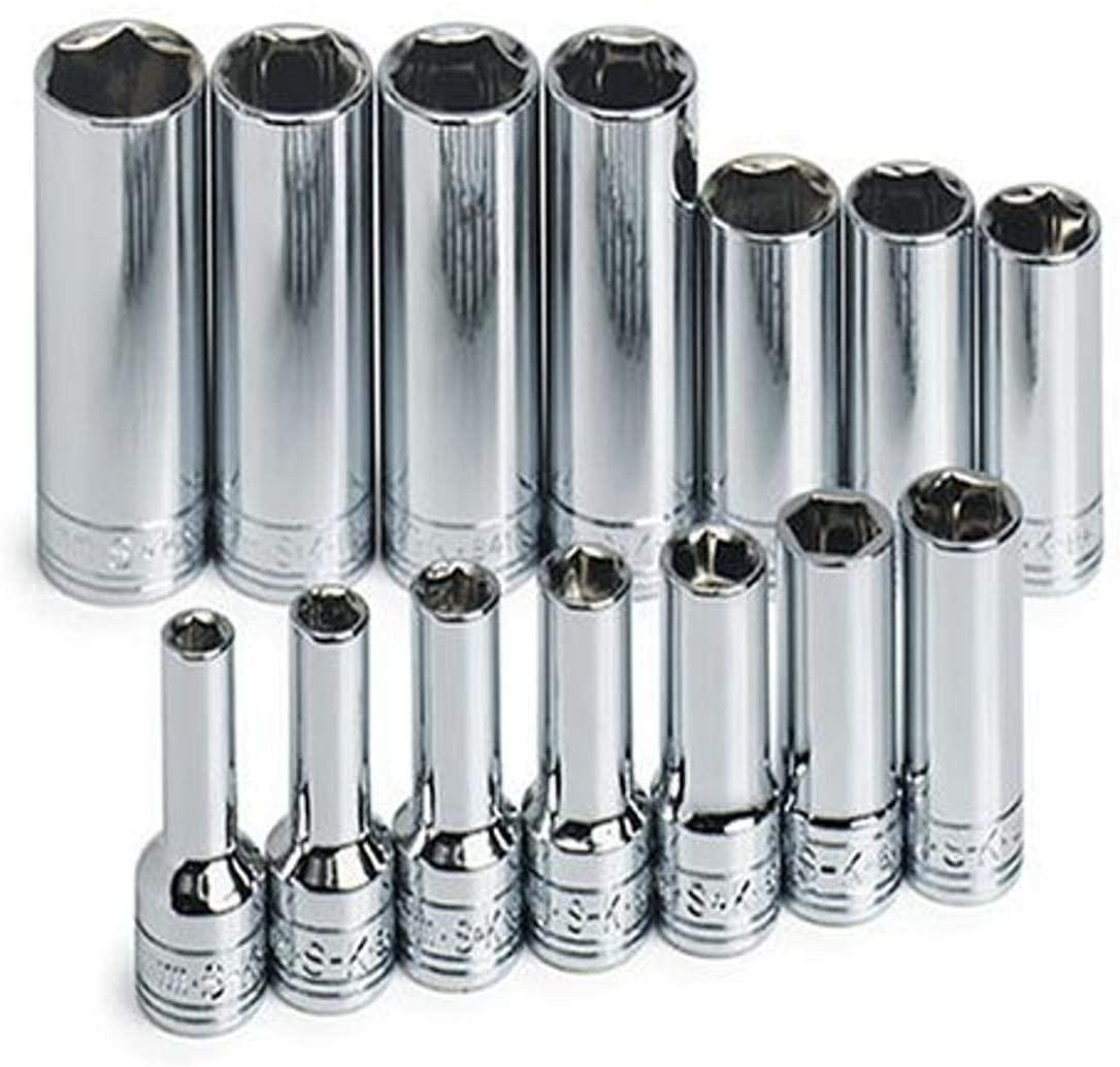 SK Professional Tools 1854 14-Piece 3/8 in. Drive 6-Point Deep Metric Socket Set - Chrome Socket Set with Super Chrome Finish | Set of 11 Sockets Made in USA