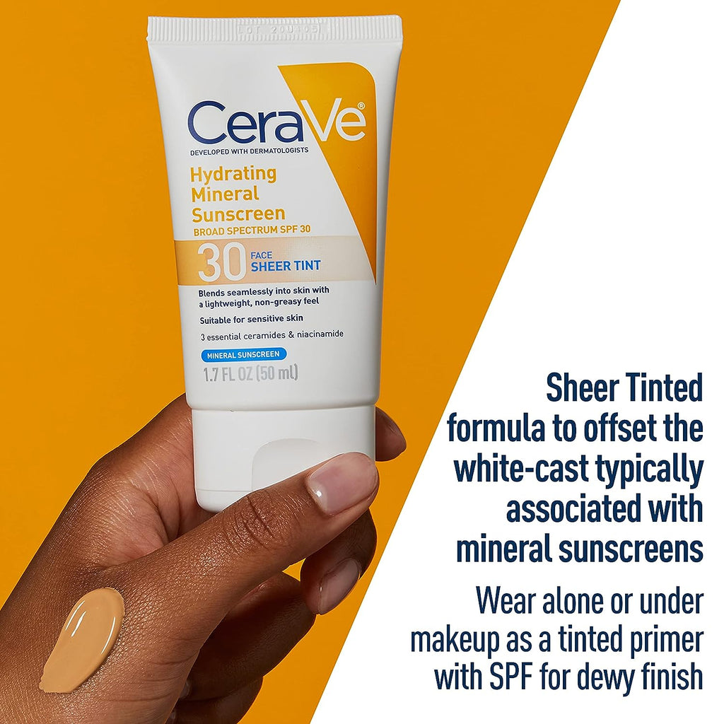 CeraVe Tinted Sunscreen with SPF 30 | Hydrating Mineral Sunscreen With Zinc Oxide &amp; Titanium Dioxide | Sheer Tint for Healthy Glow | 1.7 Fluid Ounce