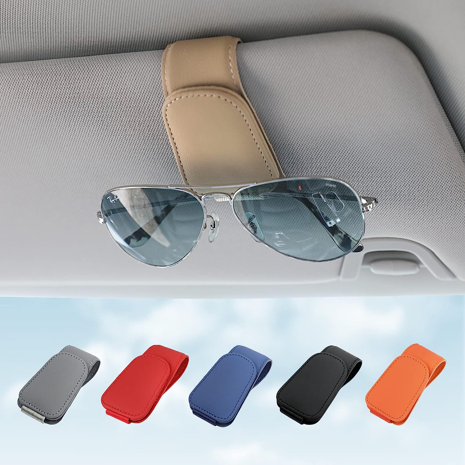 KanSmart Sunglass Holder for Car Visor Sunglasses Clip Magnetic Leather Glasses Eyeglass Holder Truck Car Interior Accessories Universal for Woman Man -Beige