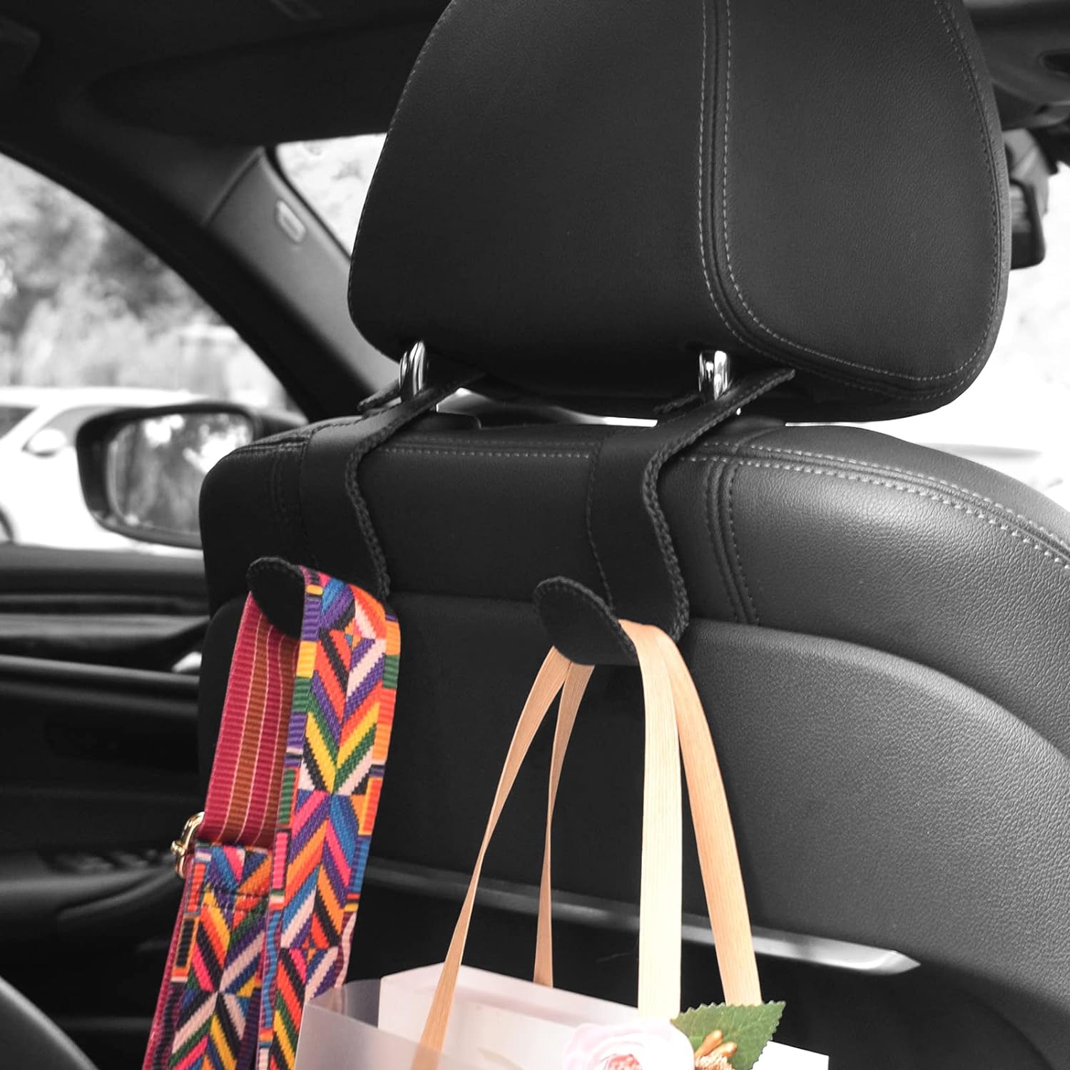 EldHus Seat Hooks for Purses and Bags, 4 Pack Car Purse Holder for Grocery Bag Handbag Clothes, Metal Headrest Hooks Covered by Leather, Black