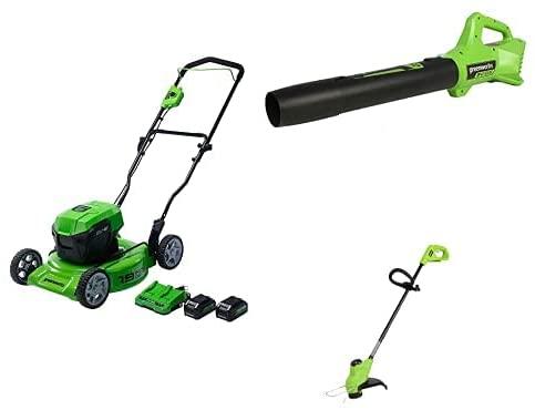 Greenworks 48V 19" Brushless Lawn Mower, Blower, String Trimmer, (2) 4.0Ah USB Battery and Charger Included