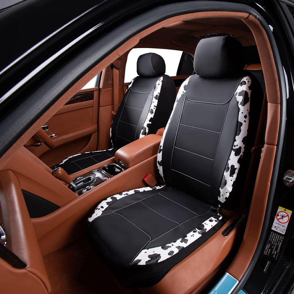 Flying Banner car seat Covers Protects Water Proof Faux Leather Carbon Fiber Front and Rear Bench (Cow Black, Full Set - 8PCS)