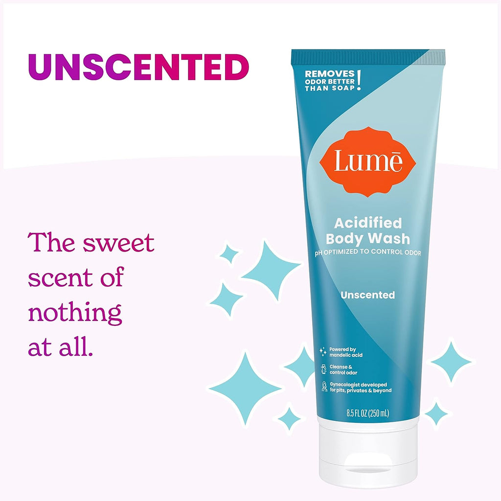 Lume Acidified Body Wash - 24 Hour Odor Control - Removes Odor Better than Soap - Moisturizing Formula - SLS Free, Paraben Free - Safe For Sensitive Skin - 8.5 ounce (Unscented)