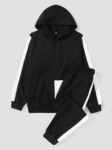 mens contrast side stripe patchwork hoodie casual two pieces outfits