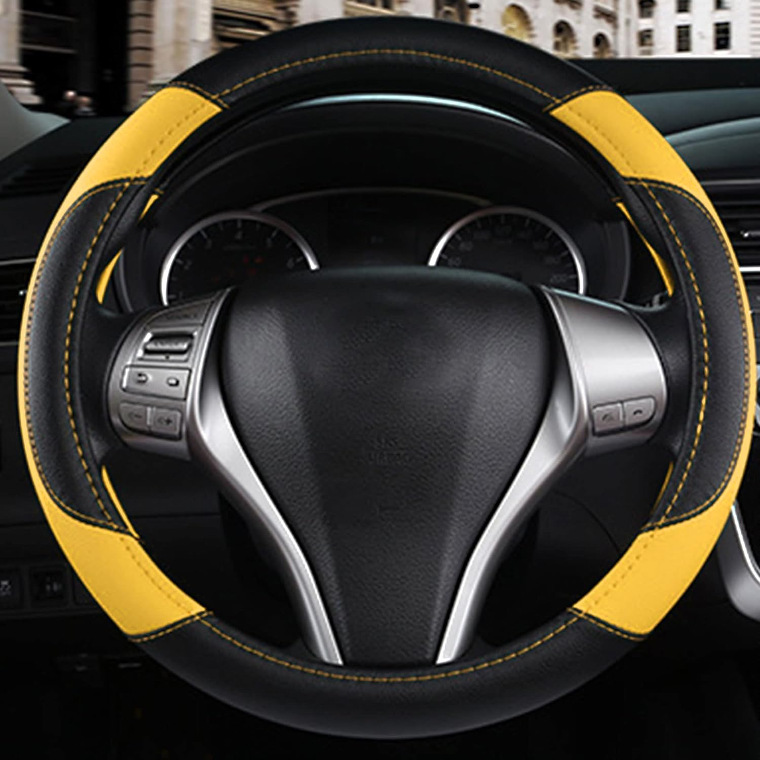 Leather Car Steering Wheel Cover, Non-Slip Car Wheel Cover Protector Breathable Microfiber Leather Universal Fit for Most Cars (Black&amp;Yellow)
