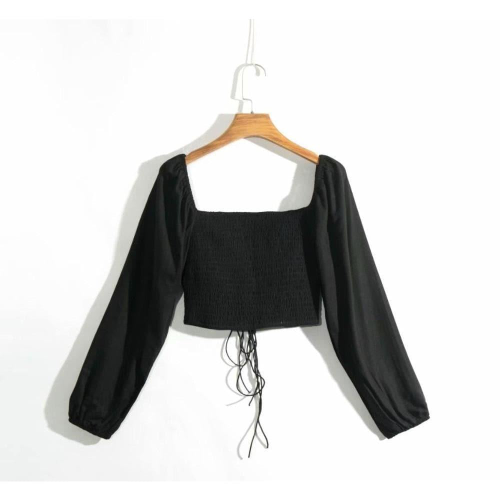 elegant square neck long sleeve elastic waist blouse