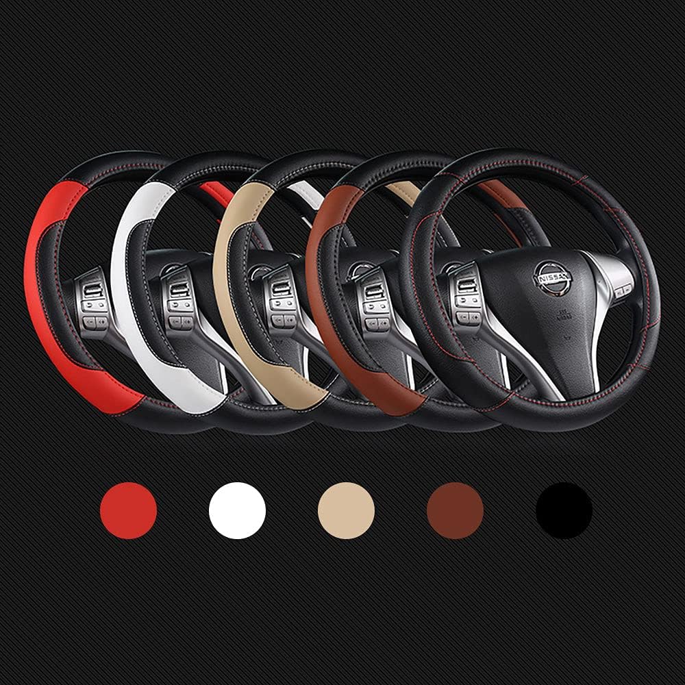 Leather Car Steering Wheel Cover, Non-Slip Car Wheel Cover Protector Breathable Microfiber Leather Universal Fit for Most Cars (Black &amp; Red)
