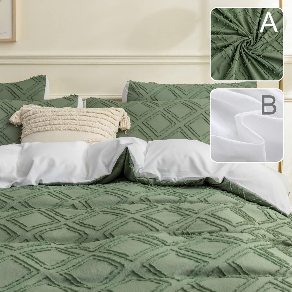 JELLYMONI Reversible Green &amp; White Duvet Cover King Size - 3PCS Microfiber Tufted Duvet Cover, Boho Textured Duvet Cover Jacquard Geometric Pattern Duvet Cover with Corner Ties &amp; Zipper Closure