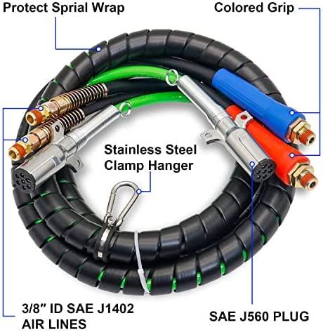 boeray 3 in 1 15 Ft Length Wrap Heavy Duty 7 Way Truck Tractor Trailer Rig Electric Cable Wrap Cord ABS & Air Line Hose Assembly with Aluminum Emergency Universal Glad Hands and Anodized Glad Handle