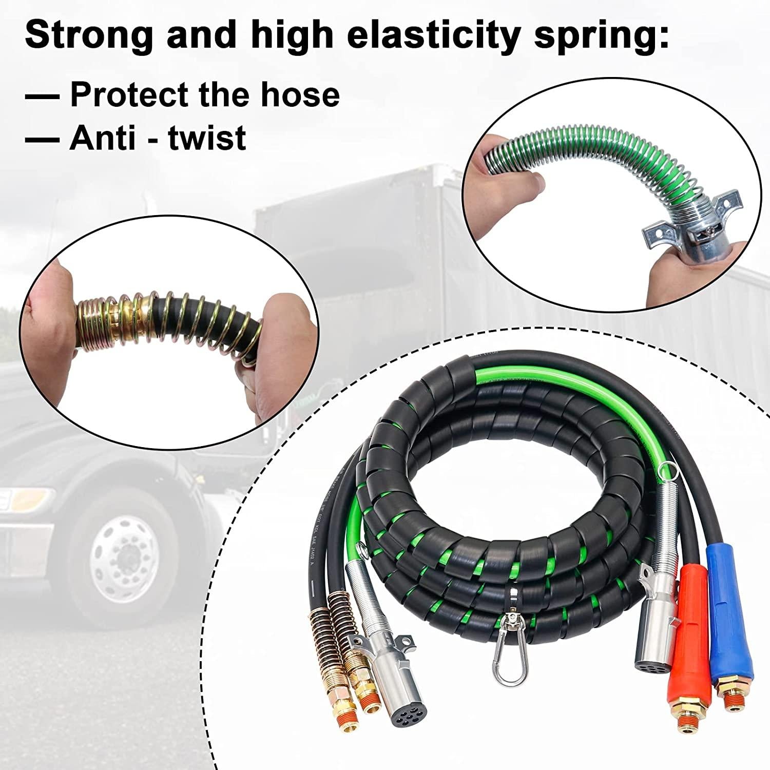 boeray 3 in 1 15 Ft Length Wrap Heavy Duty 7 Way Truck Tractor Trailer Rig Electric Cable Wrap Cord ABS & Air Line Hose Assembly with Aluminum Emergency Universal Glad Hands and Anodized Glad Handle