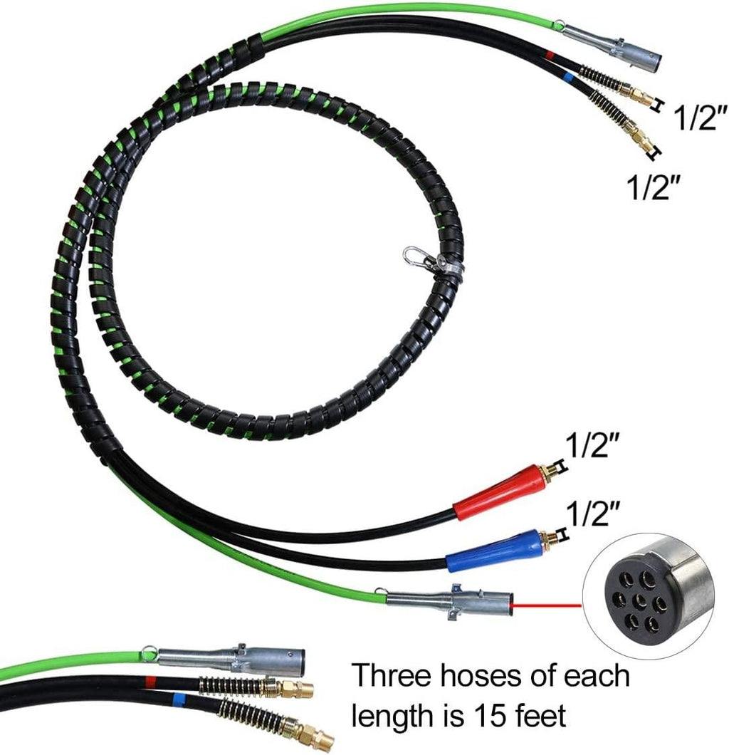 boeray 3 in 1 15 Ft Length Wrap Heavy Duty 7 Way Truck Tractor Trailer Rig Electric Cable Wrap Cord ABS & Air Line Hose Assembly with Aluminum Emergency Universal Glad Hands and Anodized Glad Handle