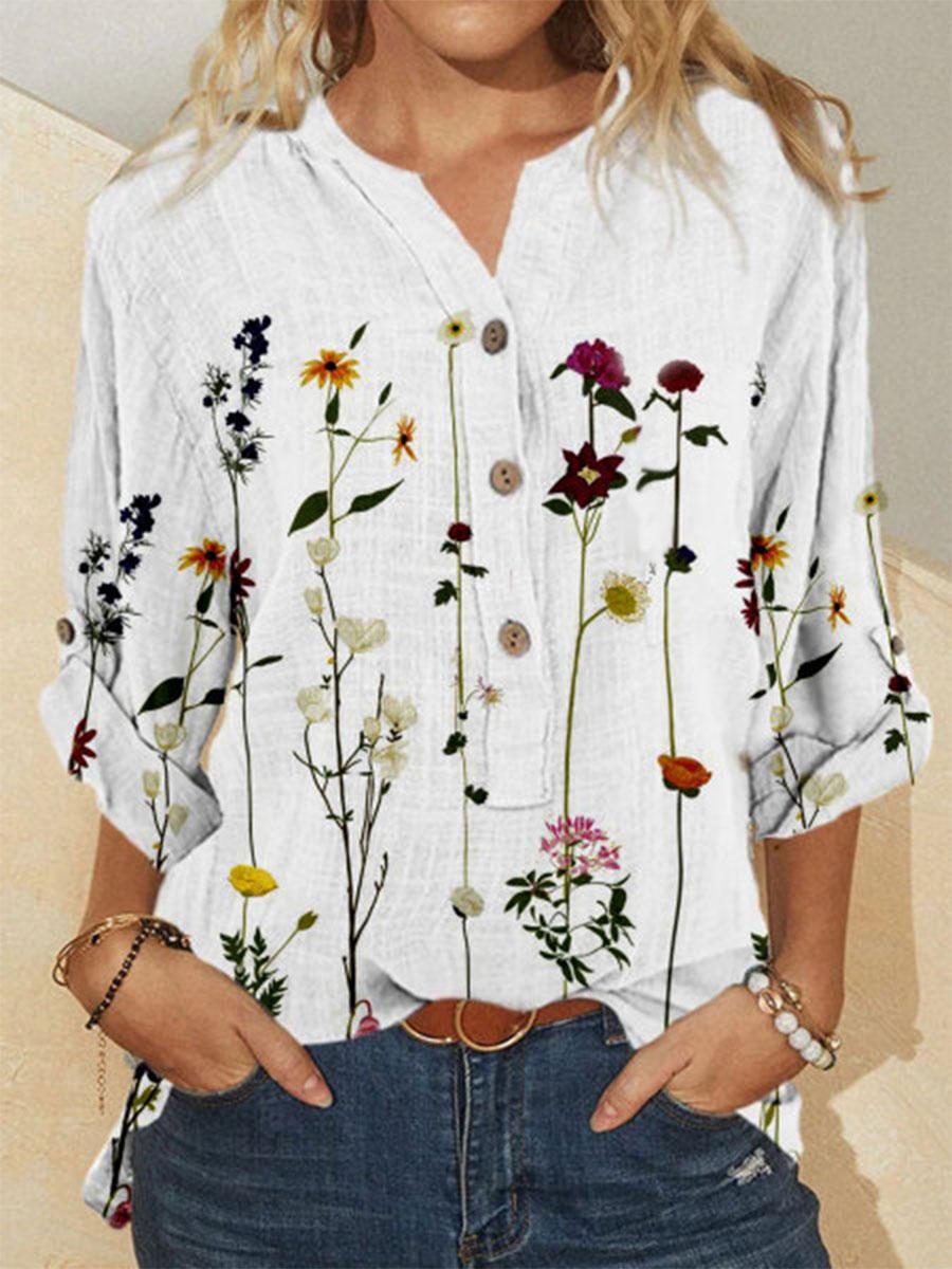 Fashion Flower Print V-neck Long-sleeved Loose Blouse