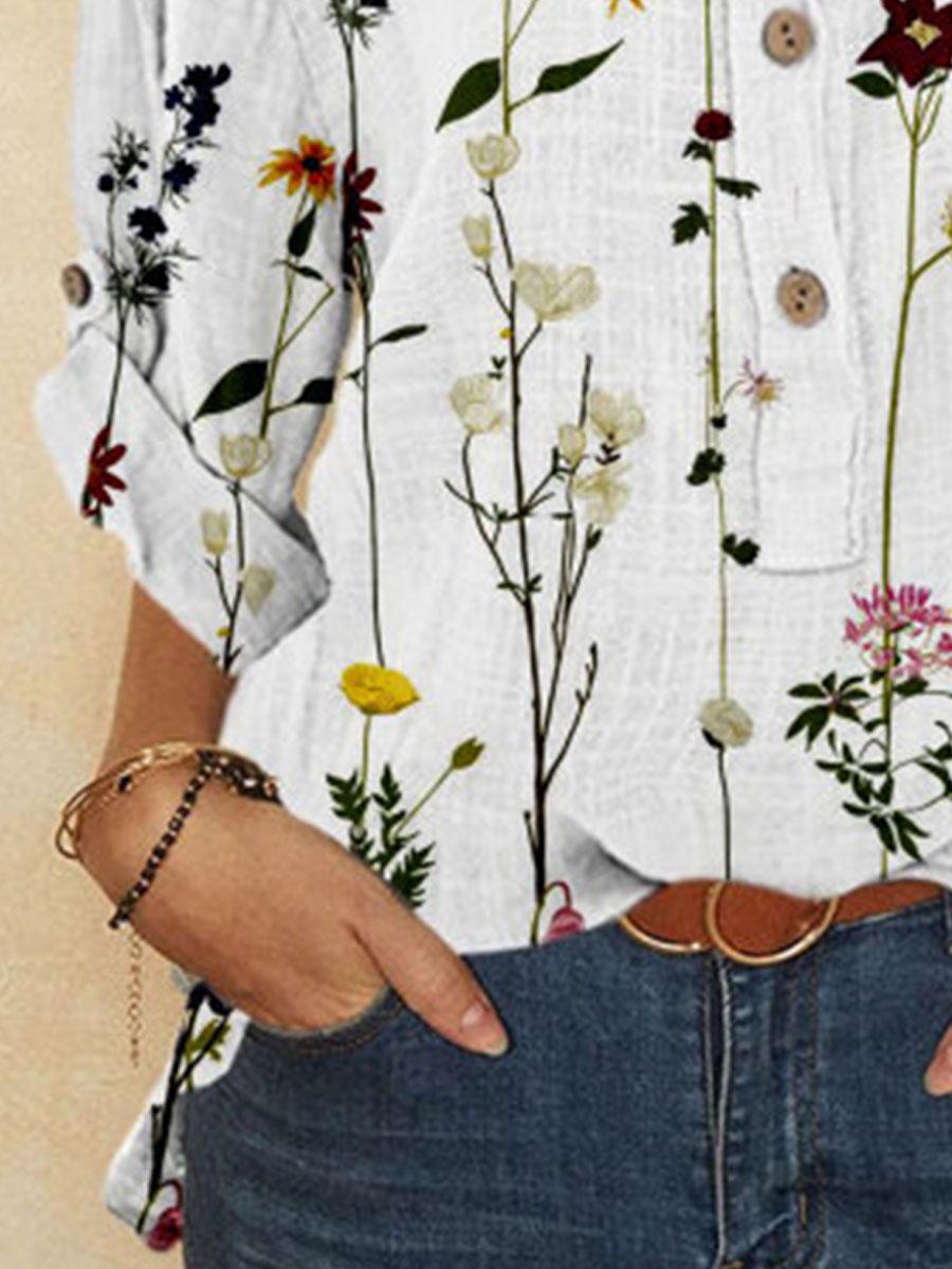 Fashion Flower Print V-neck Long-sleeved Loose Blouse