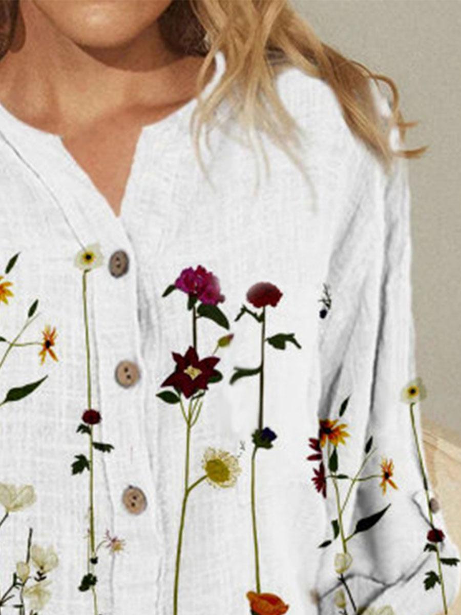 Fashion Flower Print V-neck Long-sleeved Loose Blouse