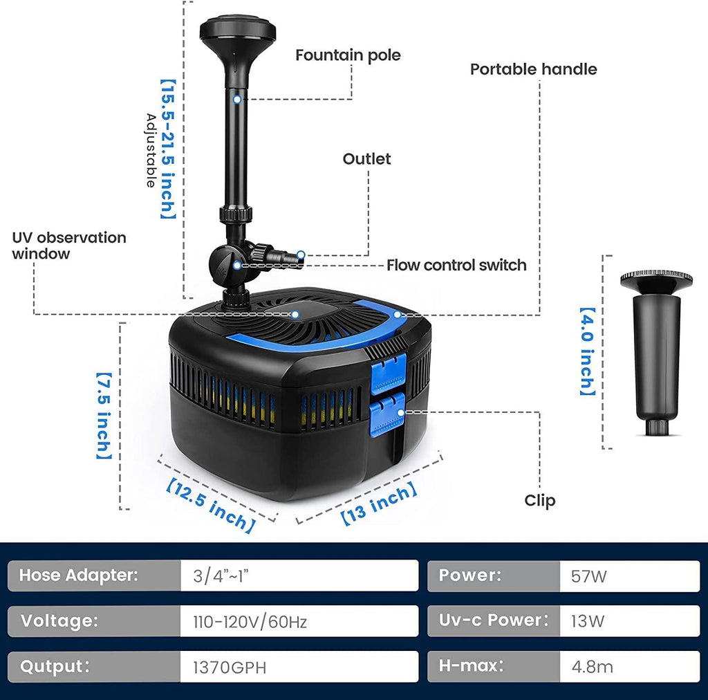 AN1370GPH Pond Filter Pump, 110V/57W Fountain Submersible Water Pump can Adjust Water Flow, High Efficiency Filter Water Pump for Clearing Pond Garden Waterfall Fish Tank Aquarium