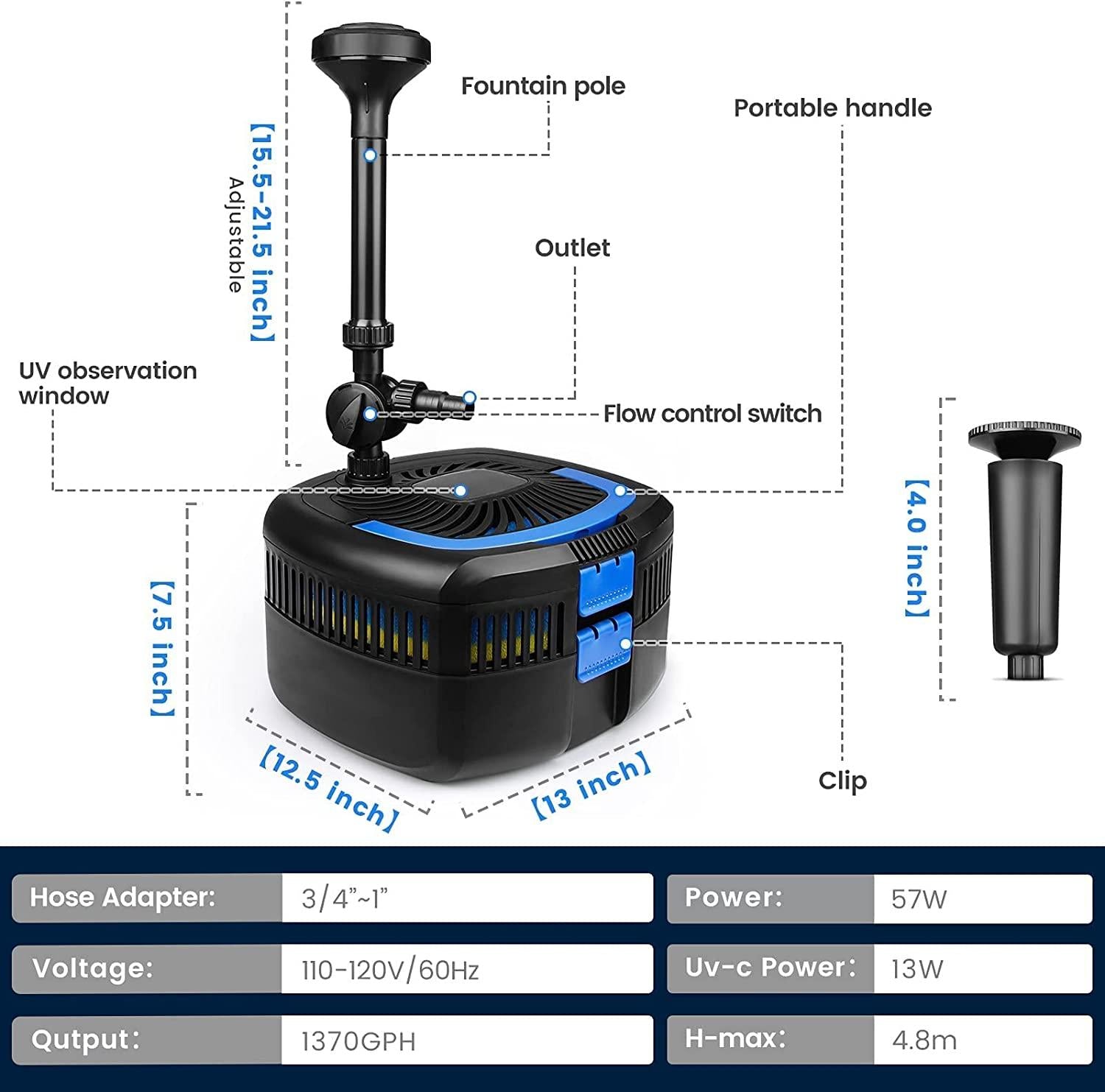 AN1370GPH Pond Filter Pump, 110V/57W Fountain Submersible Water Pump can Adjust Water Flow, High Efficiency Filter Water Pump for Clearing Pond Garden Waterfall Fish Tank Aquarium
