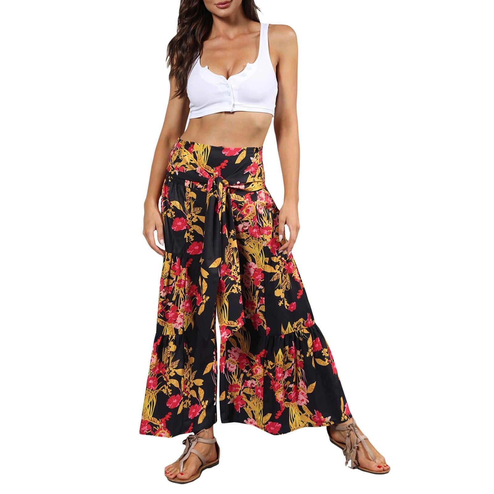 floral ruffle hem bohemian pants