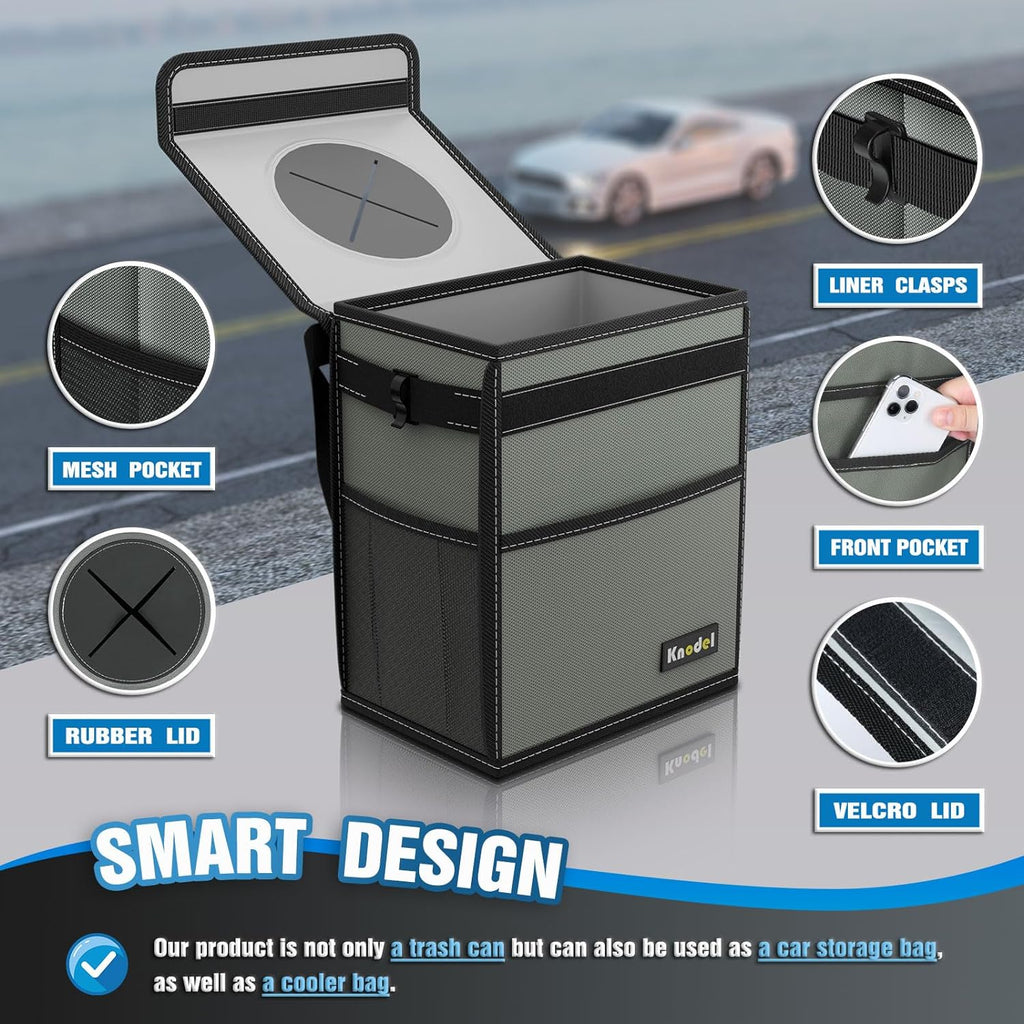 K KNODEL Car Trash Can, Waterproof Car Garbage Can, Trash Bag with Lid, Leak-Proof, Hanging (Medium, Gray)